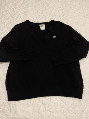 Lacoste Black V-Neck Sweater with Green Crocodile Patch